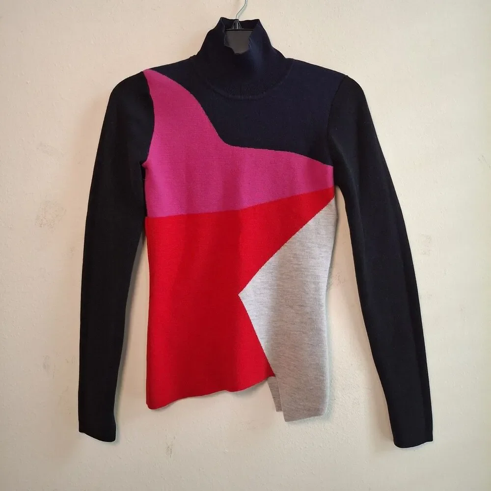 Diane von Furstenberg Colorblock Turtleneck Knit Sweater Women XS Fit Asymmetric